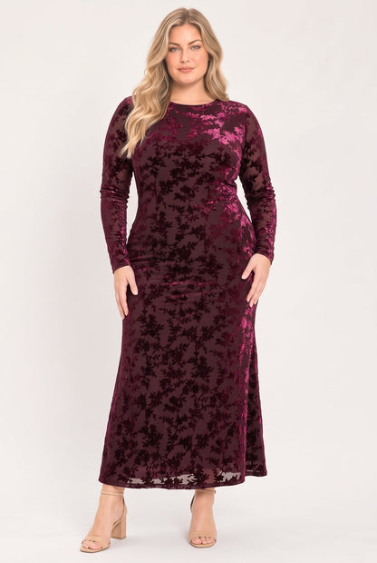 Burgundy Velvet Burnout Floral Midi Dress with Long Sleeves BURGUNDY