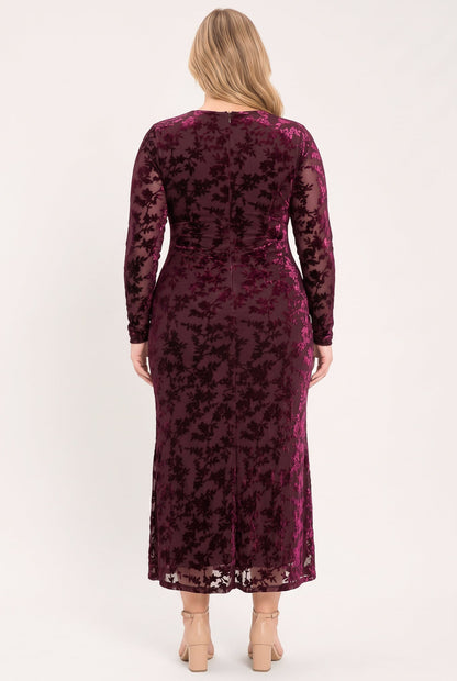 Burgundy Velvet Burnout Floral Midi Dress with Long Sleeves