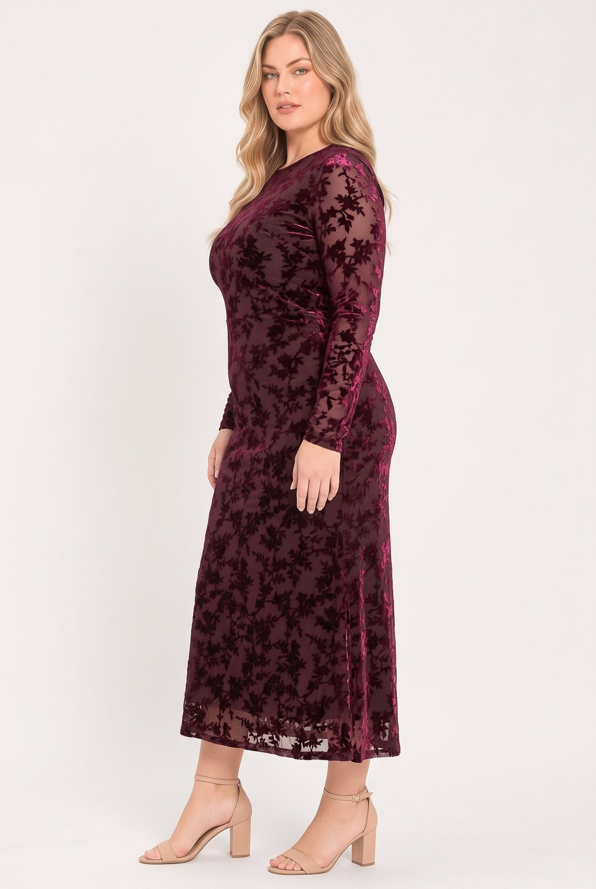 Burgundy Velvet Burnout Floral Midi Dress with Long Sleeves