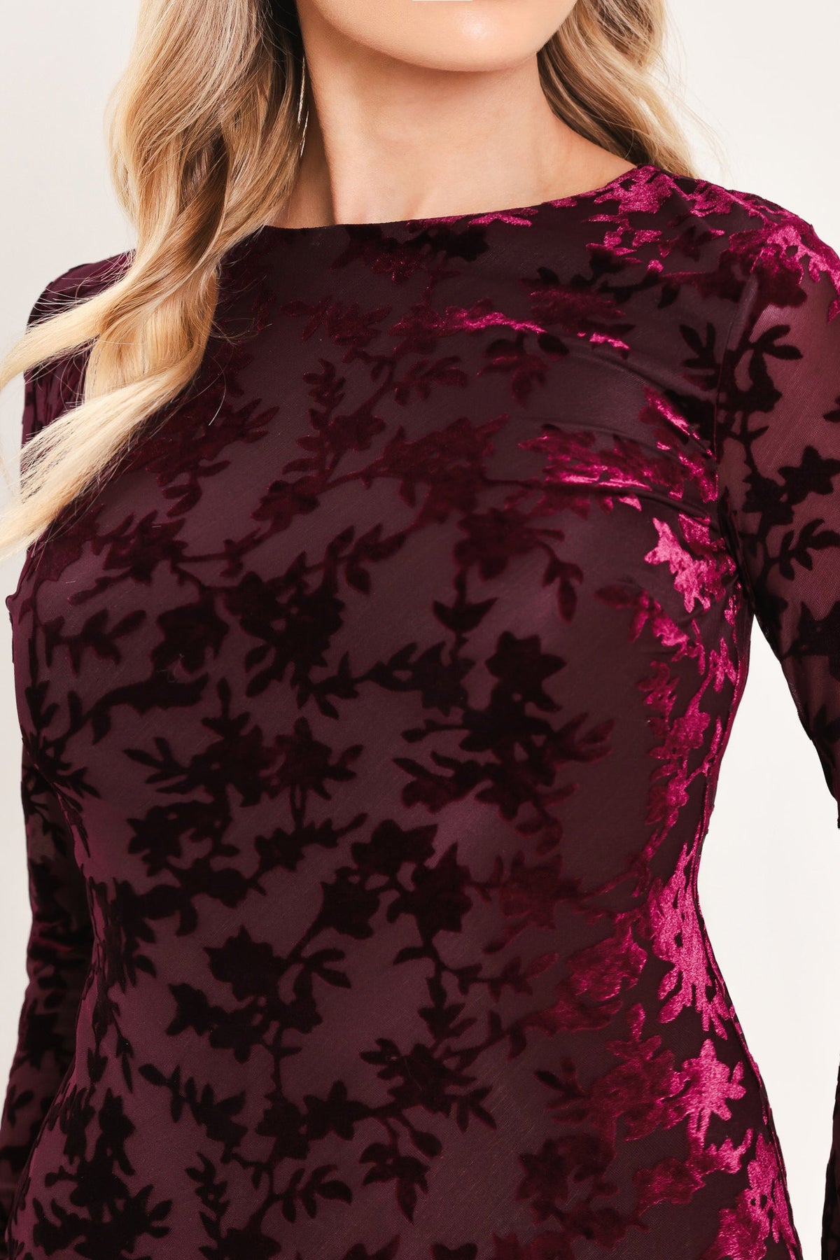 Burgundy Velvet Burnout Floral Midi Dress with Long Sleeves