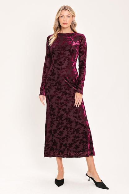 Burgundy Velvet Burnout Floral Midi Dress with Long Sleeves