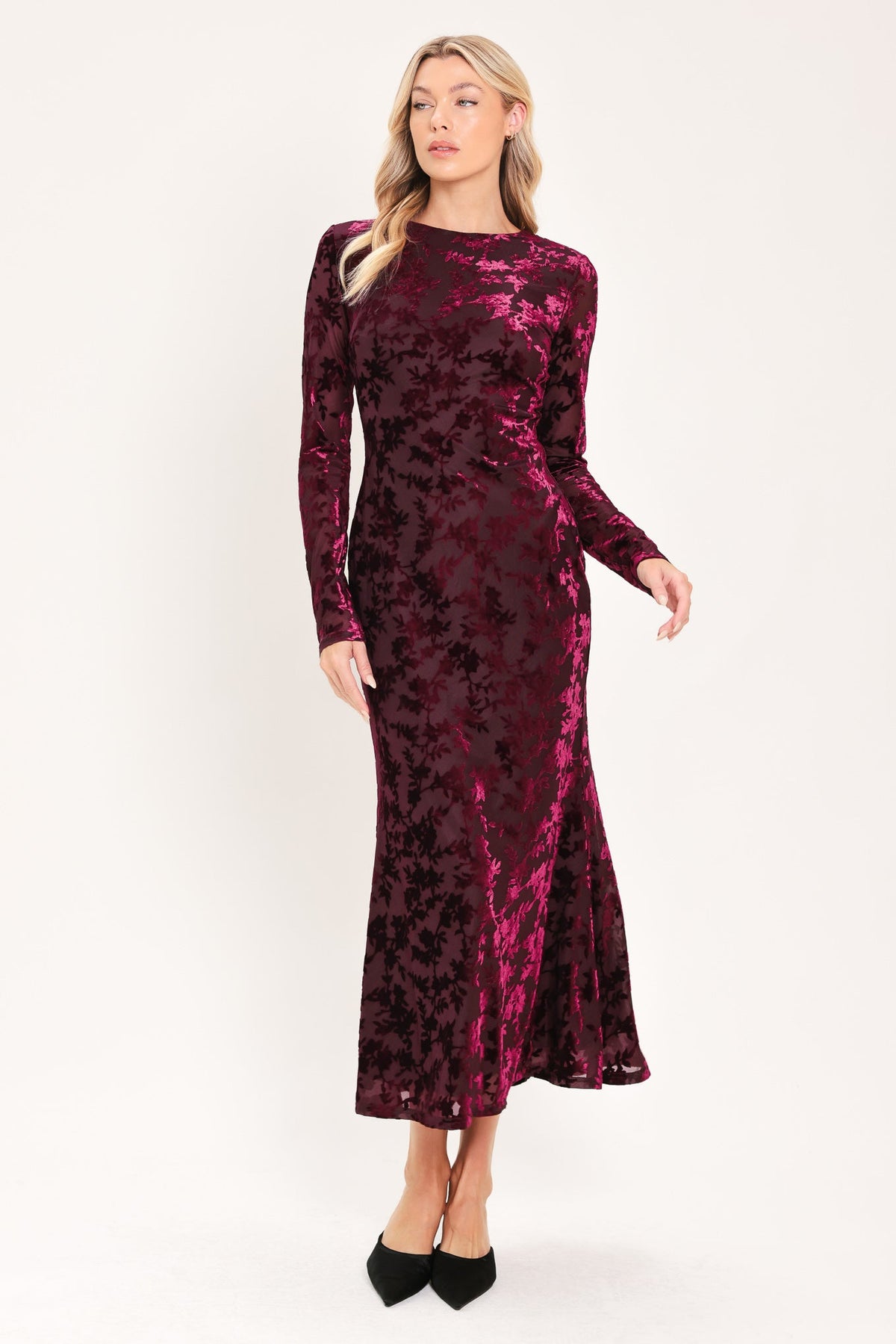 Burgundy Velvet Burnout Floral Midi Dress with Long Sleeves BURGUNDY