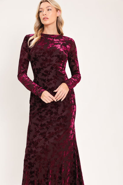 Burgundy Velvet Burnout Floral Midi Dress with Long Sleeves