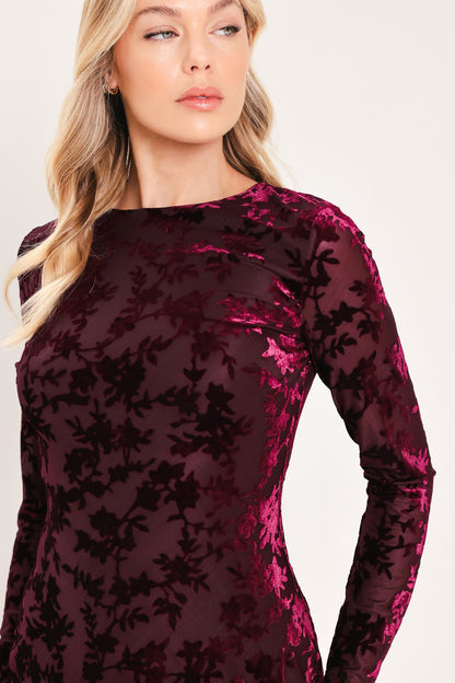 Burgundy Velvet Burnout Floral Midi Dress with Long Sleeves