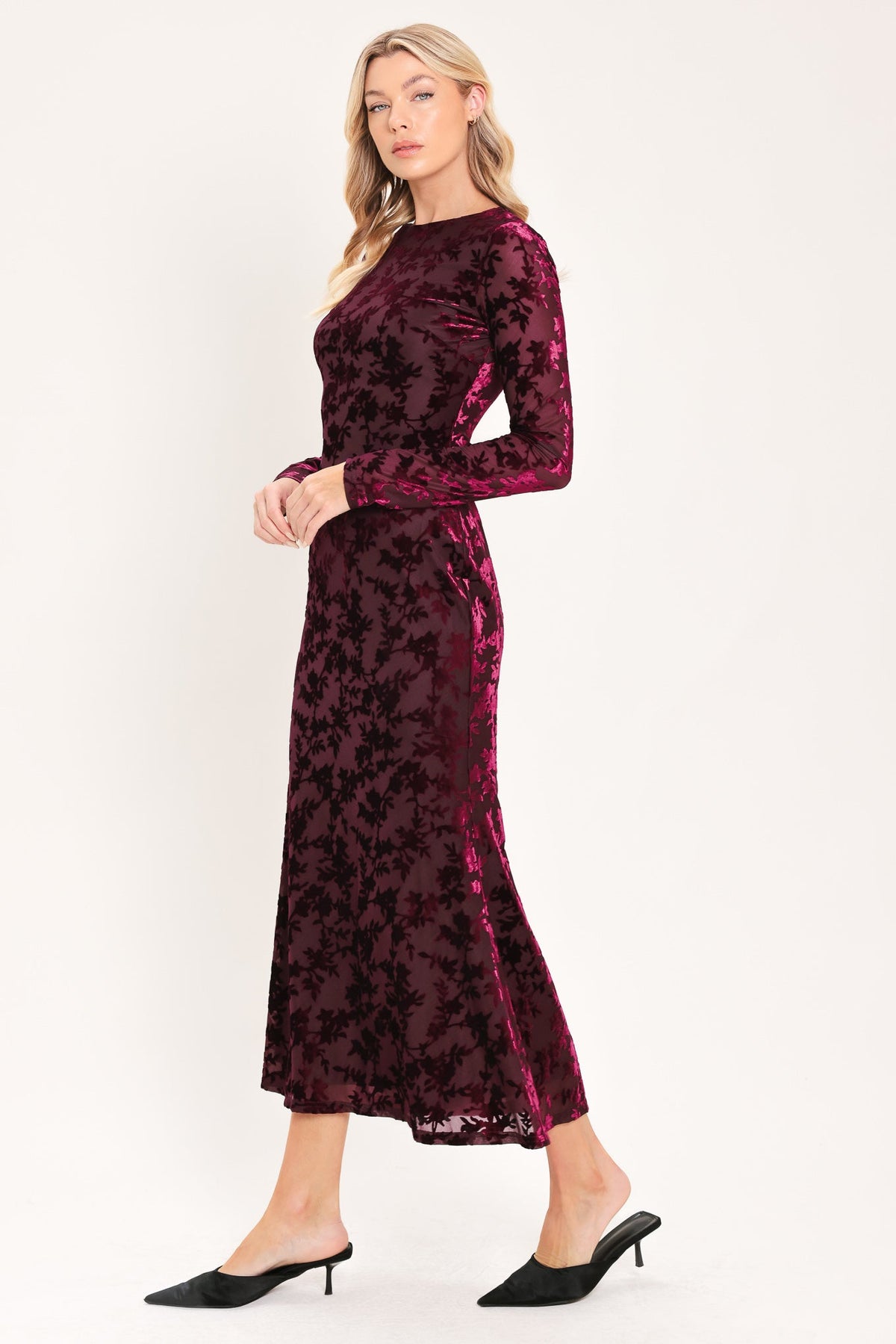 Burgundy Velvet Burnout Floral Midi Dress with Long Sleeves
