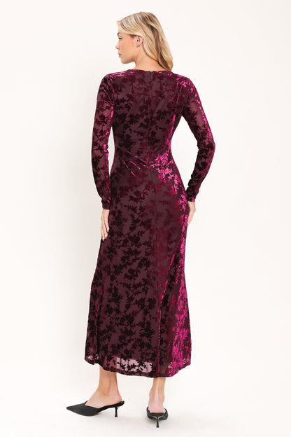 Burgundy Velvet Burnout Floral Midi Dress with Long Sleeves