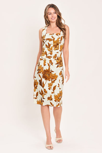 Sheath Floral Print Button Front Midi Dress