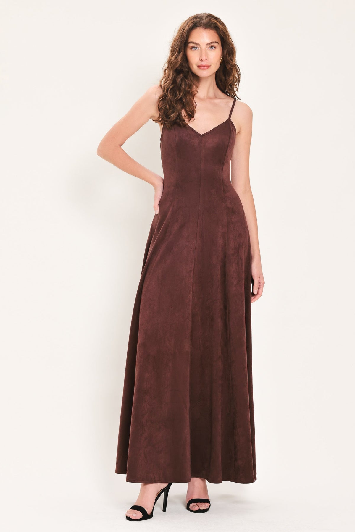 Raisin Brown Faux Suede Sleeveless Maxi Dress with Back Zipper RAISIN