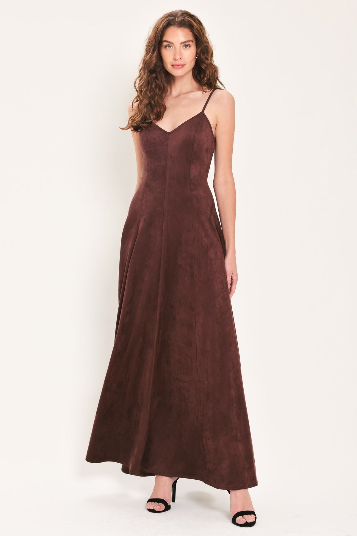 Raisin Brown Faux Suede Sleeveless Maxi Dress with Back Zipper