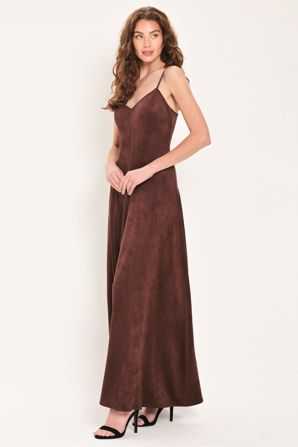 Raisin Brown Faux Suede Sleeveless Maxi Dress with Back Zipper