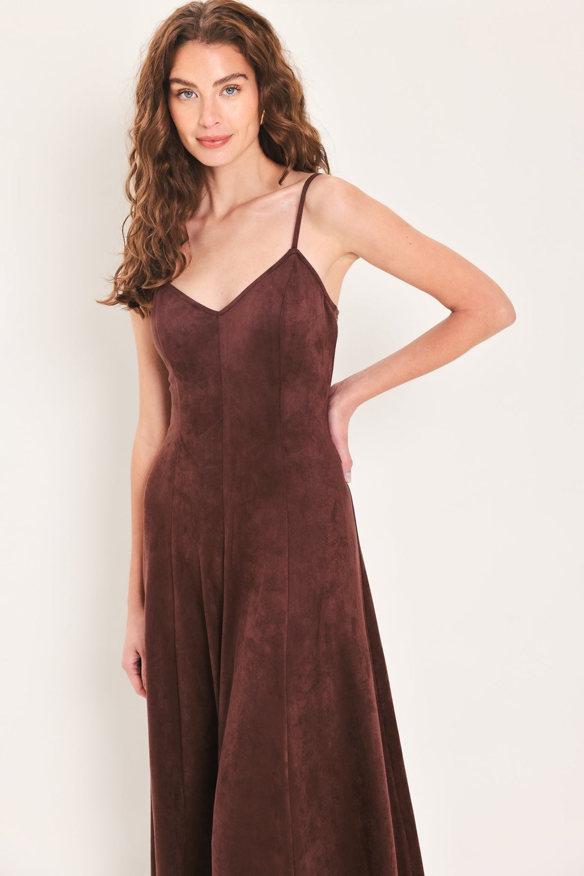 Raisin Brown Faux Suede Sleeveless Maxi Dress with Back Zipper
