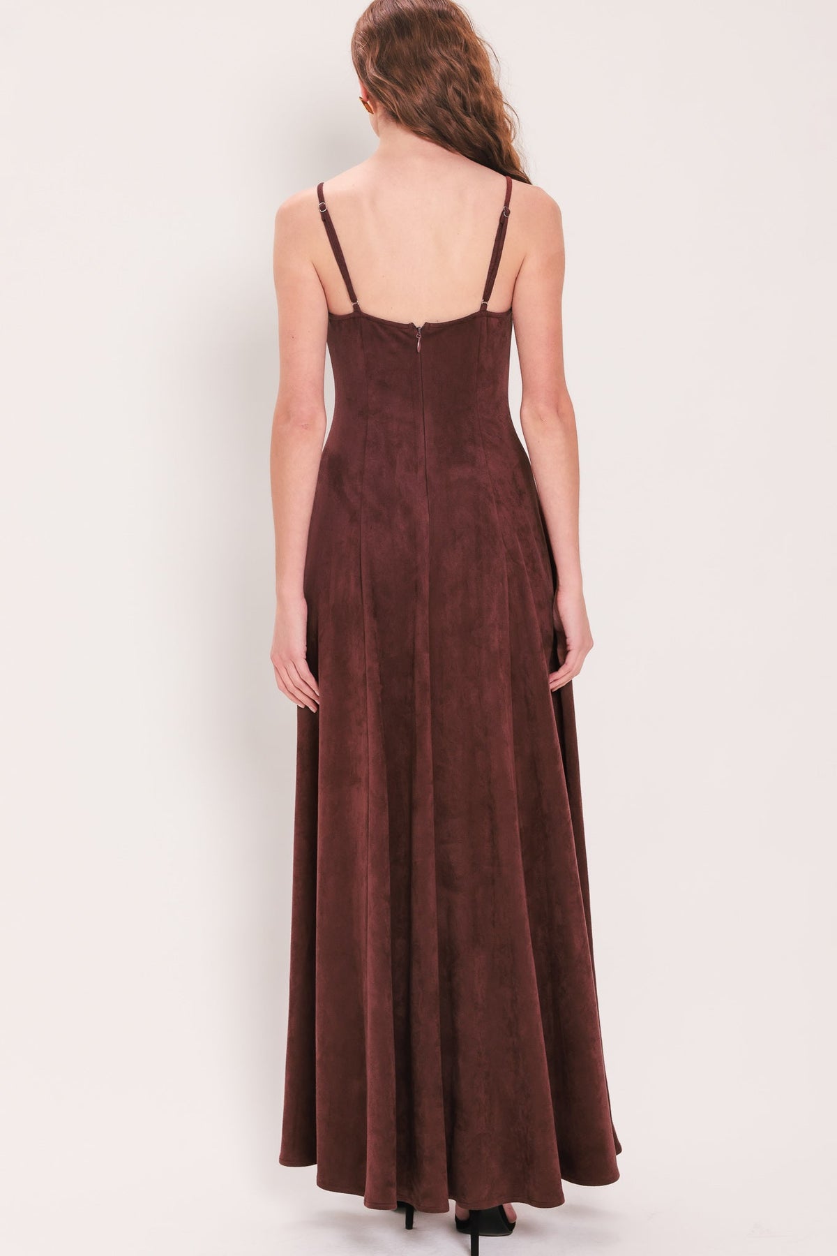 Raisin Brown Faux Suede Sleeveless Maxi Dress with Back Zipper