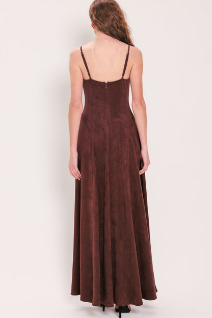 Raisin Brown Faux Suede Sleeveless Maxi Dress with Back Zipper