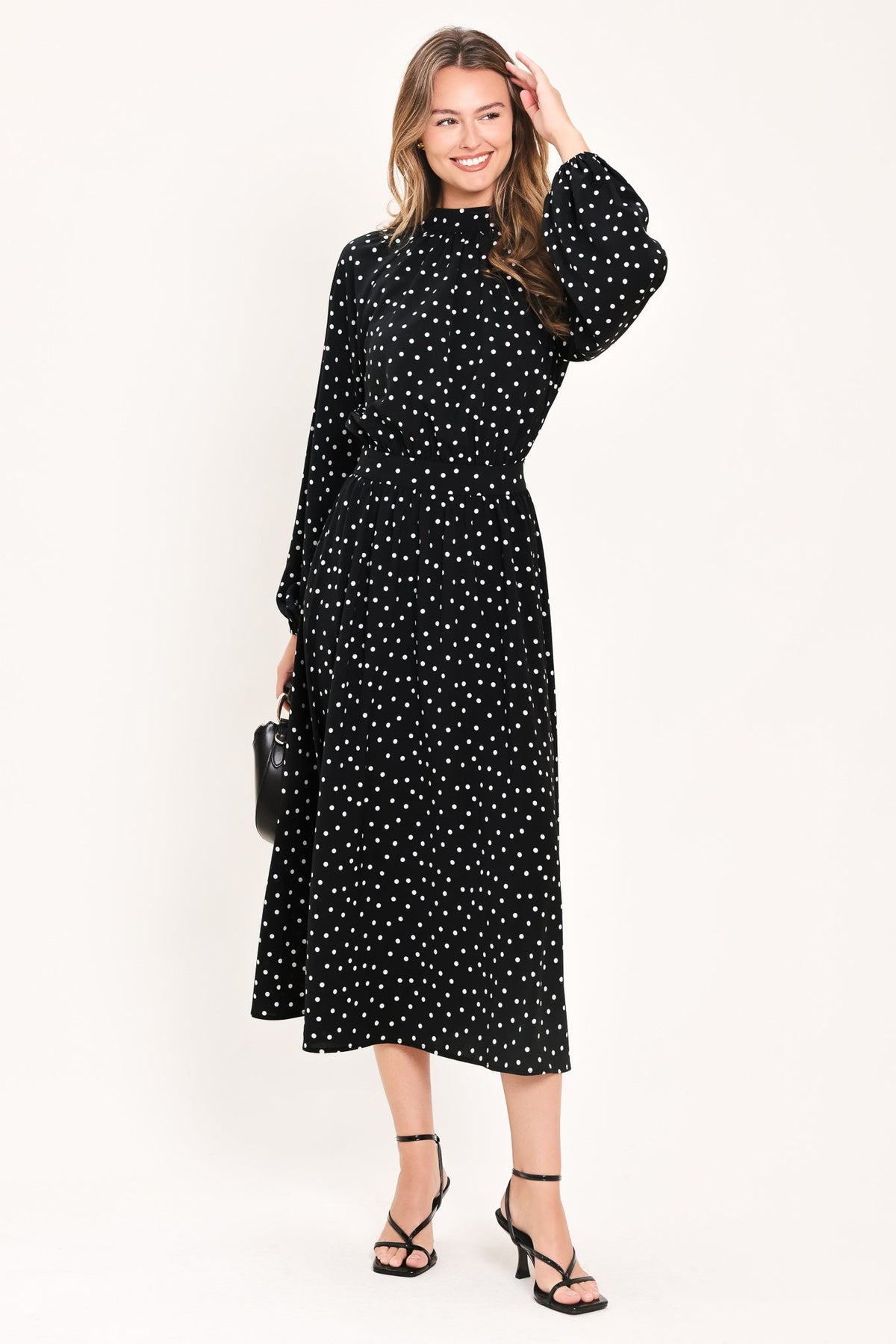 Printed Woven Midi Dress with High Neck, Back Neck Tie and Long Raglan Sleeves