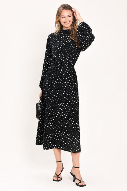 Printed Woven Midi Dress with High Neck, Back Neck Tie and Long Raglan Sleeves