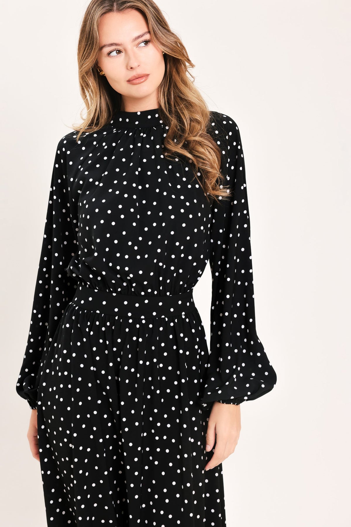 Printed Woven Midi Dress with High Neck, Back Neck Tie and Long Raglan Sleeves BLACK