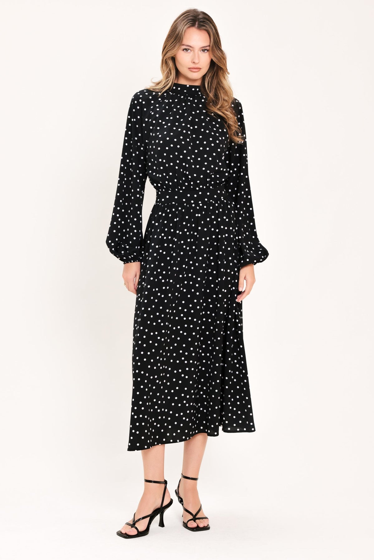 Printed Woven Midi Dress with High Neck, Back Neck Tie and Long Raglan Sleeves