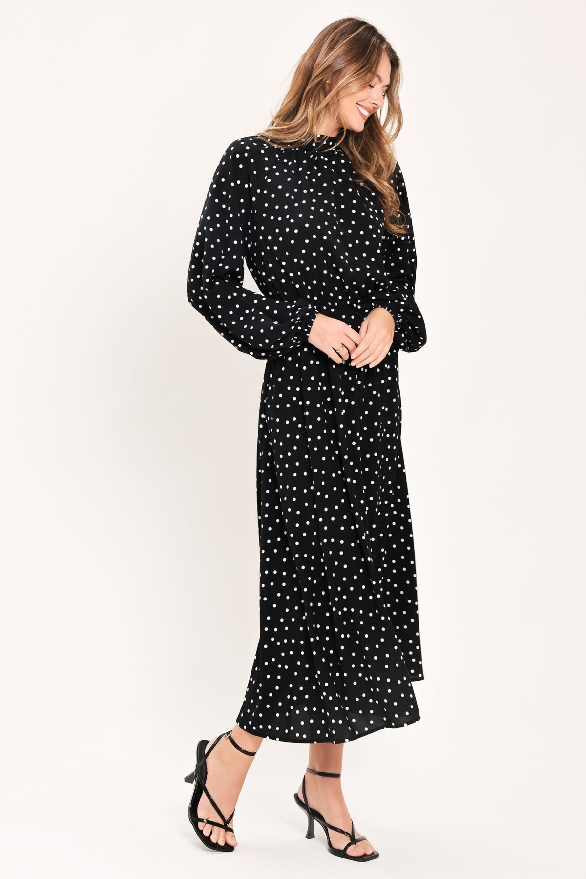 Printed Woven Midi Dress with High Neck, Back Neck Tie and Long Raglan Sleeves
