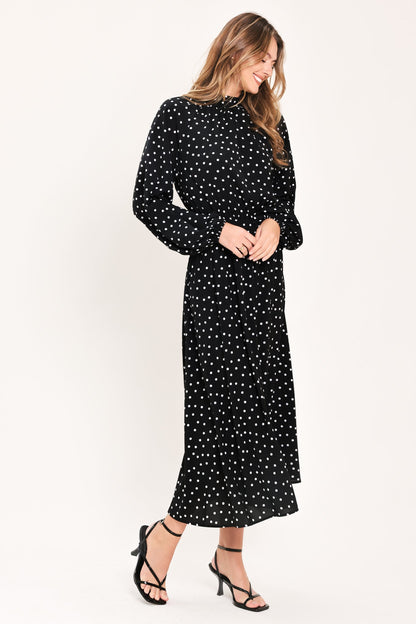 Printed Woven Midi Dress with High Neck, Back Neck Tie and Long Raglan Sleeves