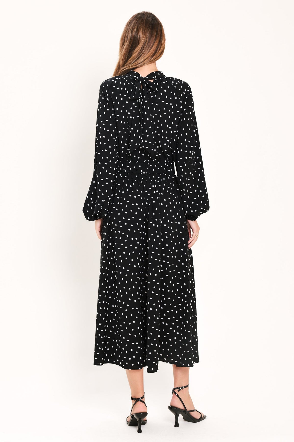 Printed Woven Midi Dress with High Neck, Back Neck Tie and Long Raglan Sleeves