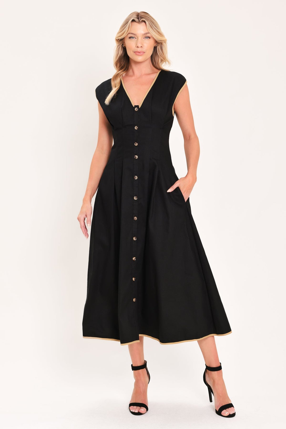 Woven Midi Dress with V-Neck, Dolman Cap Sleeves, Button Front and Corset Waist