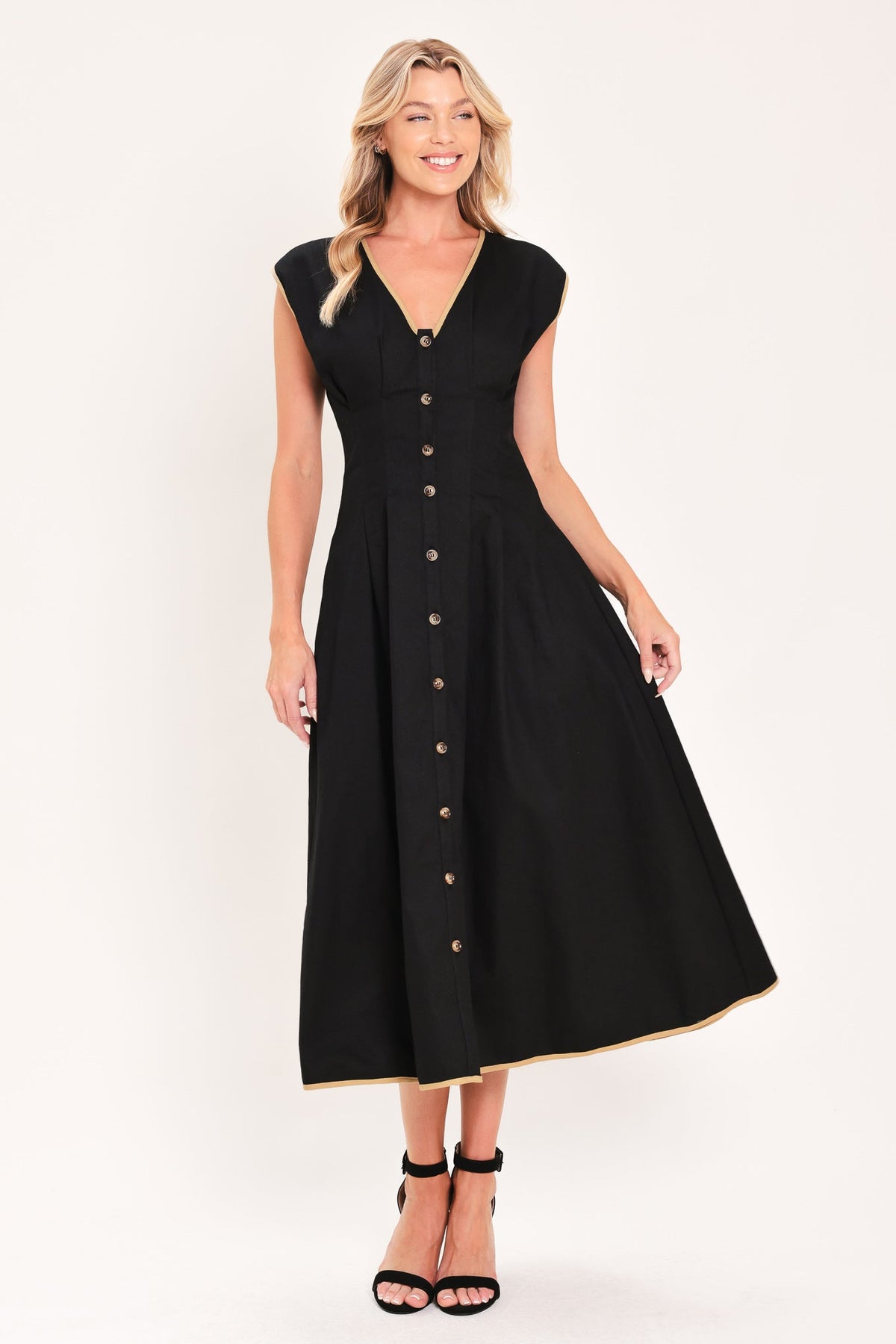 Woven Midi Dress with V-Neck, Dolman Cap Sleeves, Button Front and Corset Waist