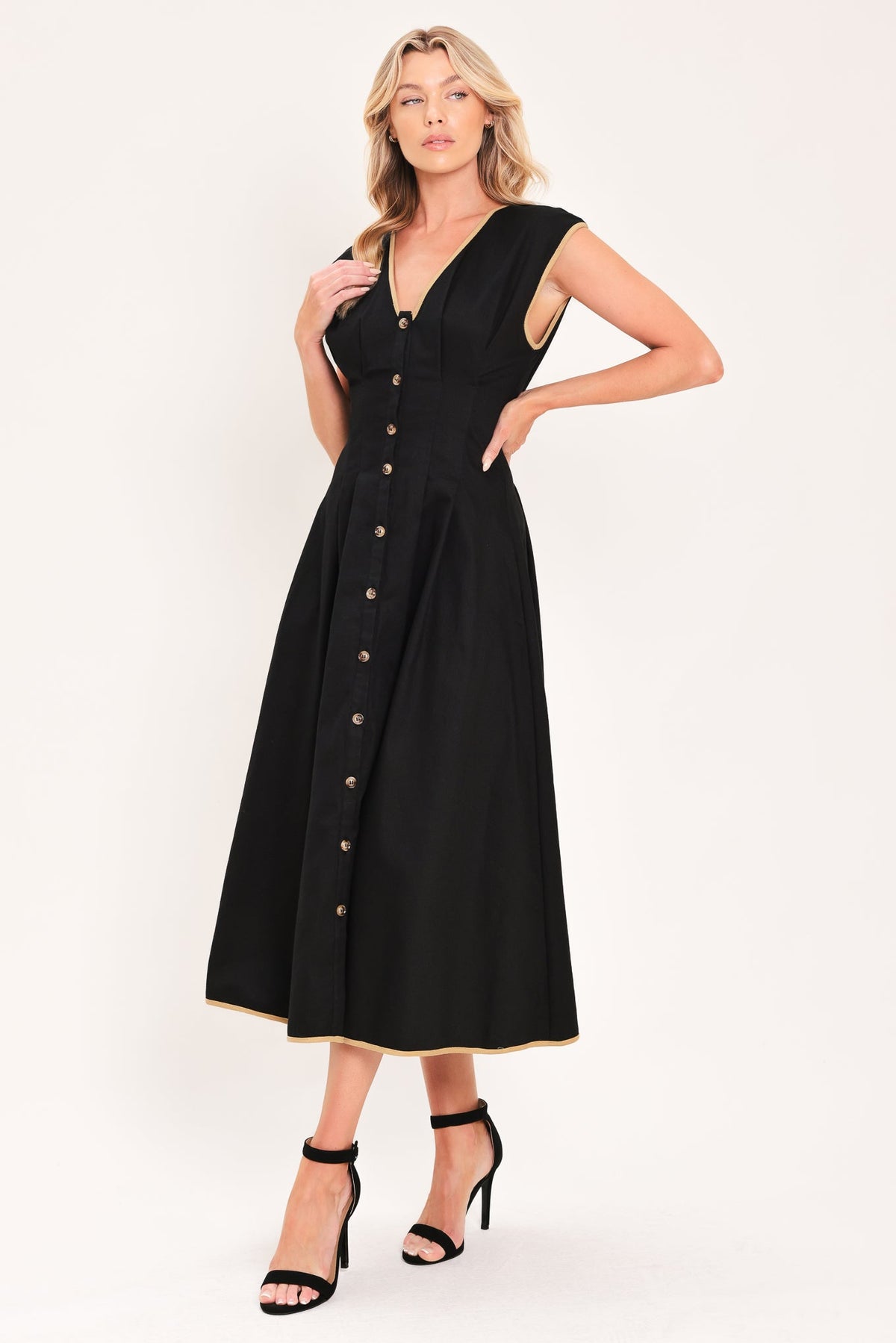 Woven Midi Dress with V-Neck, Dolman Cap Sleeves, Button Front and Corset Waist