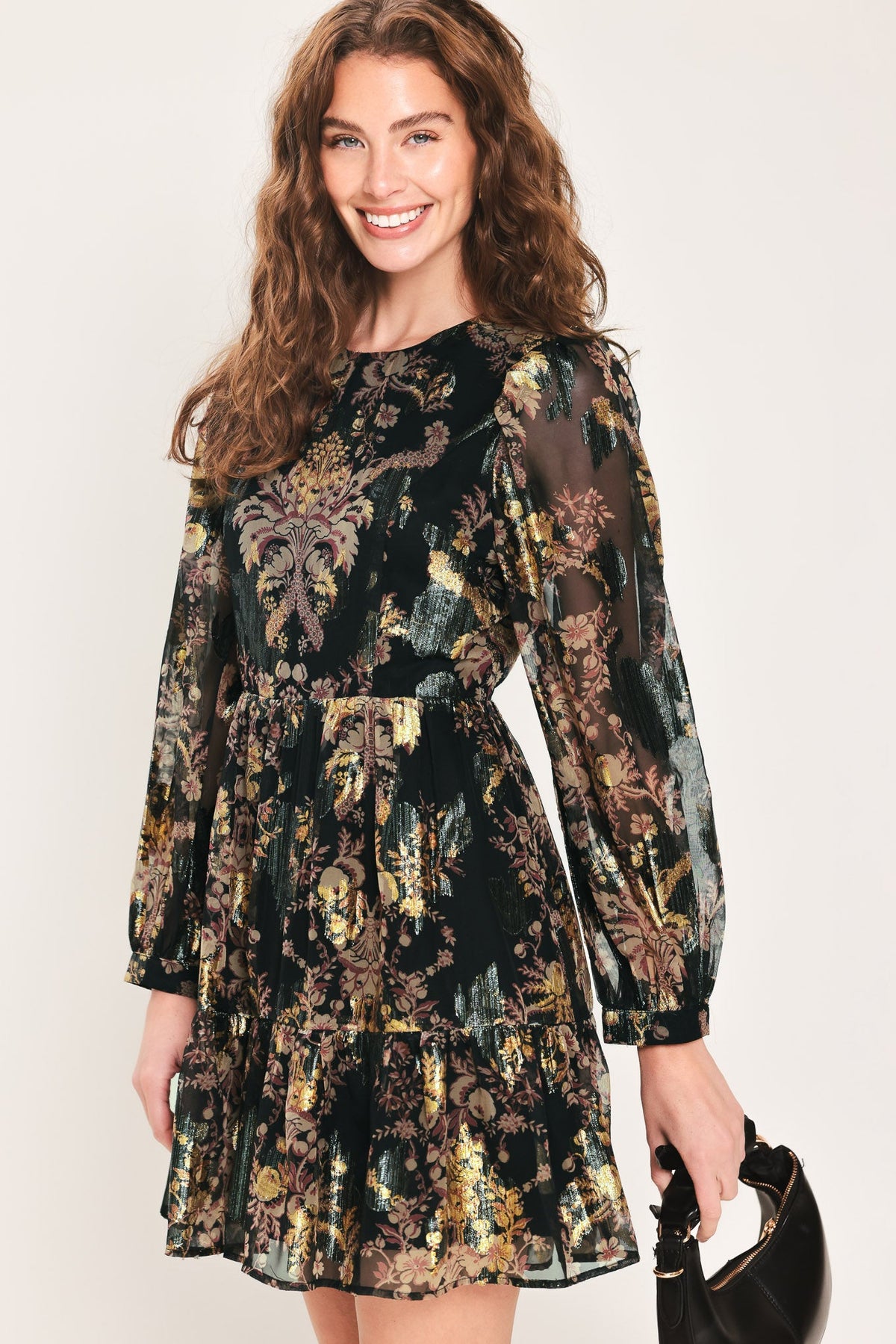Black Printed Woven Mini Dress with Metallic Baroque Pattern and Tiered Ruffle Hem