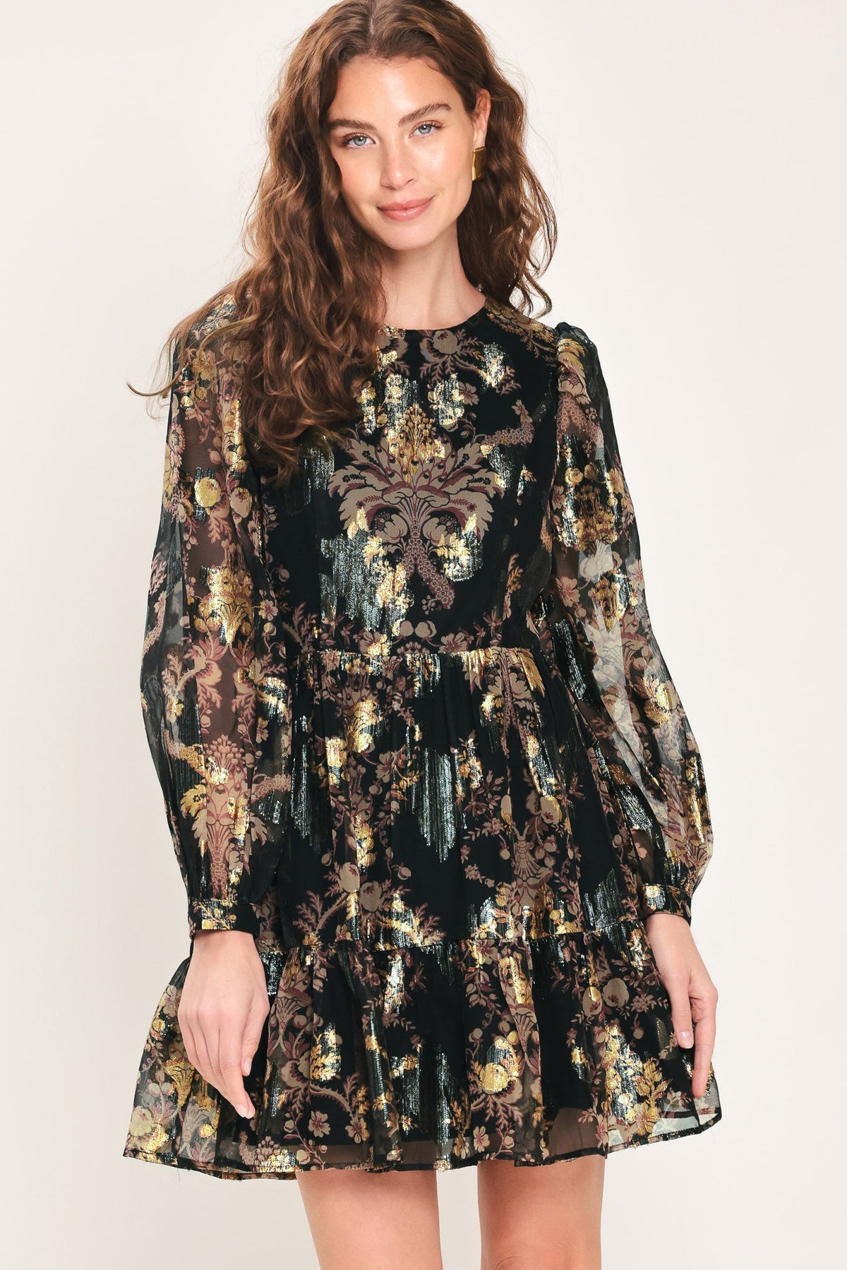 Black Printed Woven Mini Dress with Metallic Baroque Pattern and Tiered Ruffle Hem BLACK