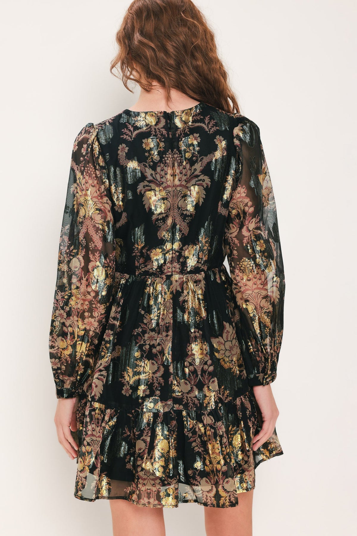 Black Printed Woven Mini Dress with Metallic Baroque Pattern and Tiered Ruffle Hem