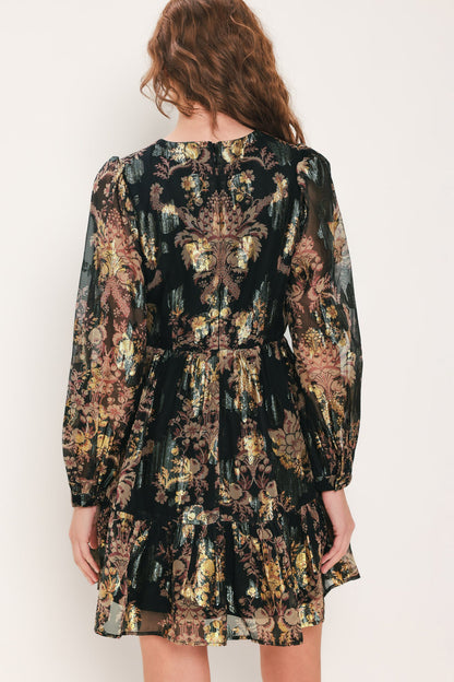 Black Printed Woven Mini Dress with Metallic Baroque Pattern and Tiered Ruffle Hem