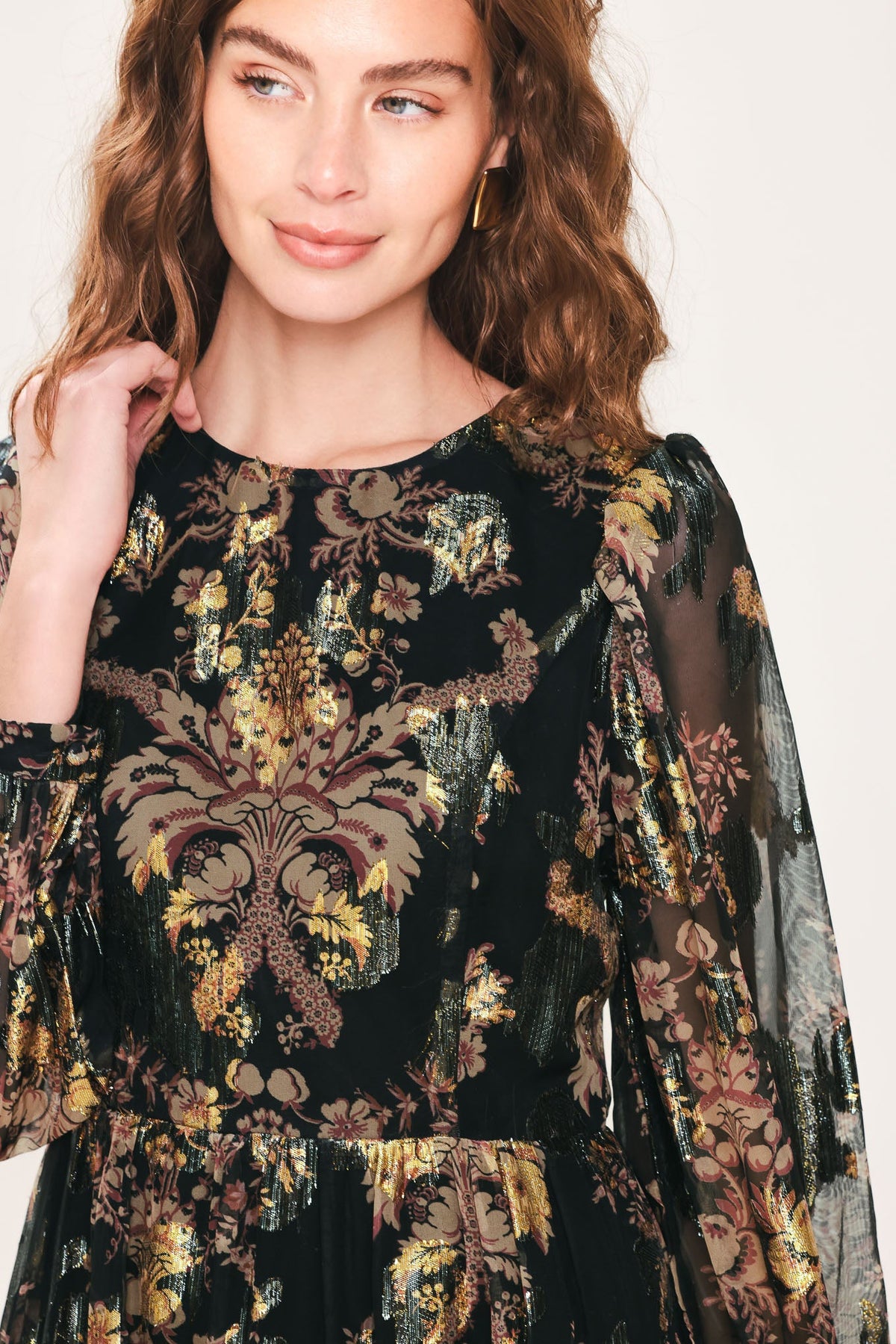 Black Printed Woven Mini Dress with Metallic Baroque Pattern and Tiered Ruffle Hem