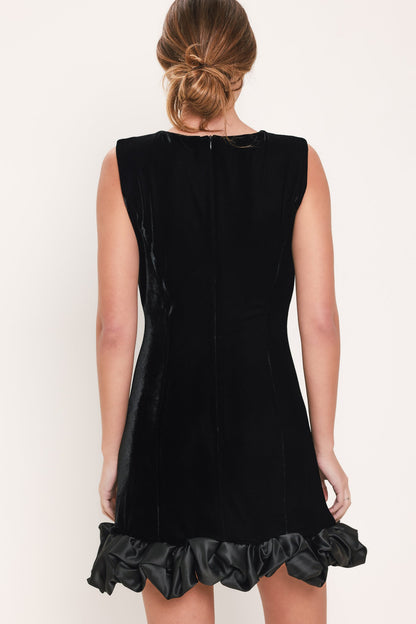 Black Sleeveless Mini Dress with Contrast Bubble Hem and Satin-Like Trim