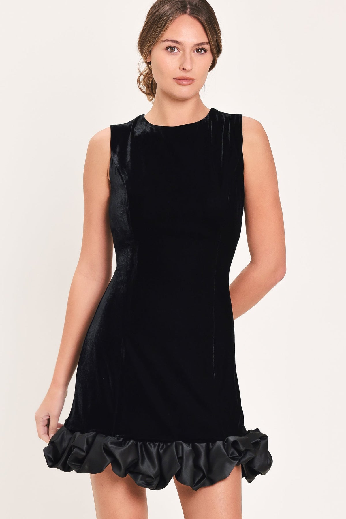 Black Sleeveless Mini Dress with Contrast Bubble Hem and Satin-Like Trim