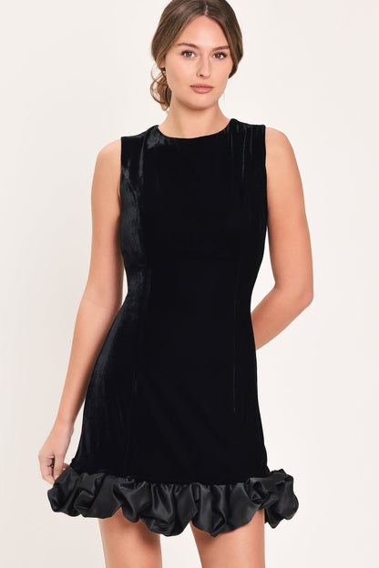 Black Sleeveless Mini Dress with Contrast Bubble Hem and Satin-Like Trim
