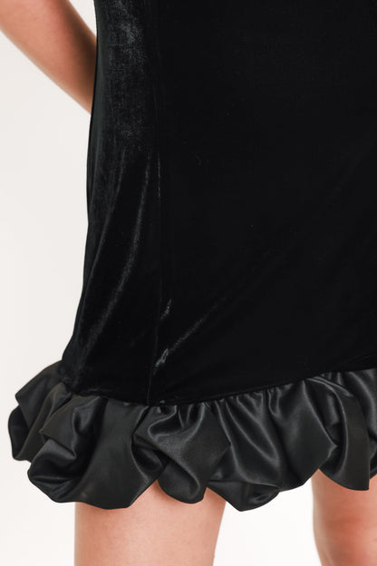 Black Sleeveless Mini Dress with Contrast Bubble Hem and Satin-Like Trim