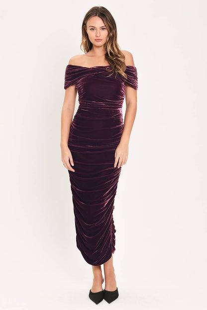 Plum Velvet Off-Shoulder Ruched Midi Dress