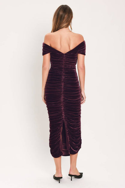 Plum Velvet Off-Shoulder Ruched Midi Dress