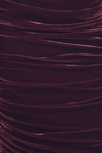 Plum Velvet Off-Shoulder Ruched Midi Dress