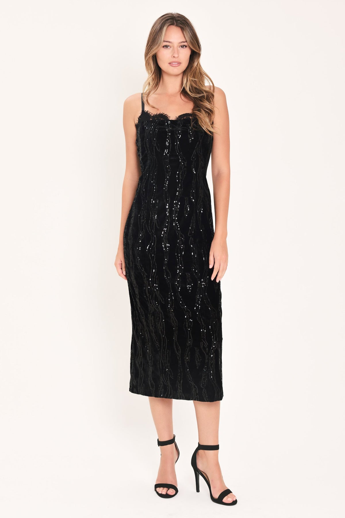 Black Sequin Sweetheart Neckline Midi Dress with Fitted Silhouette