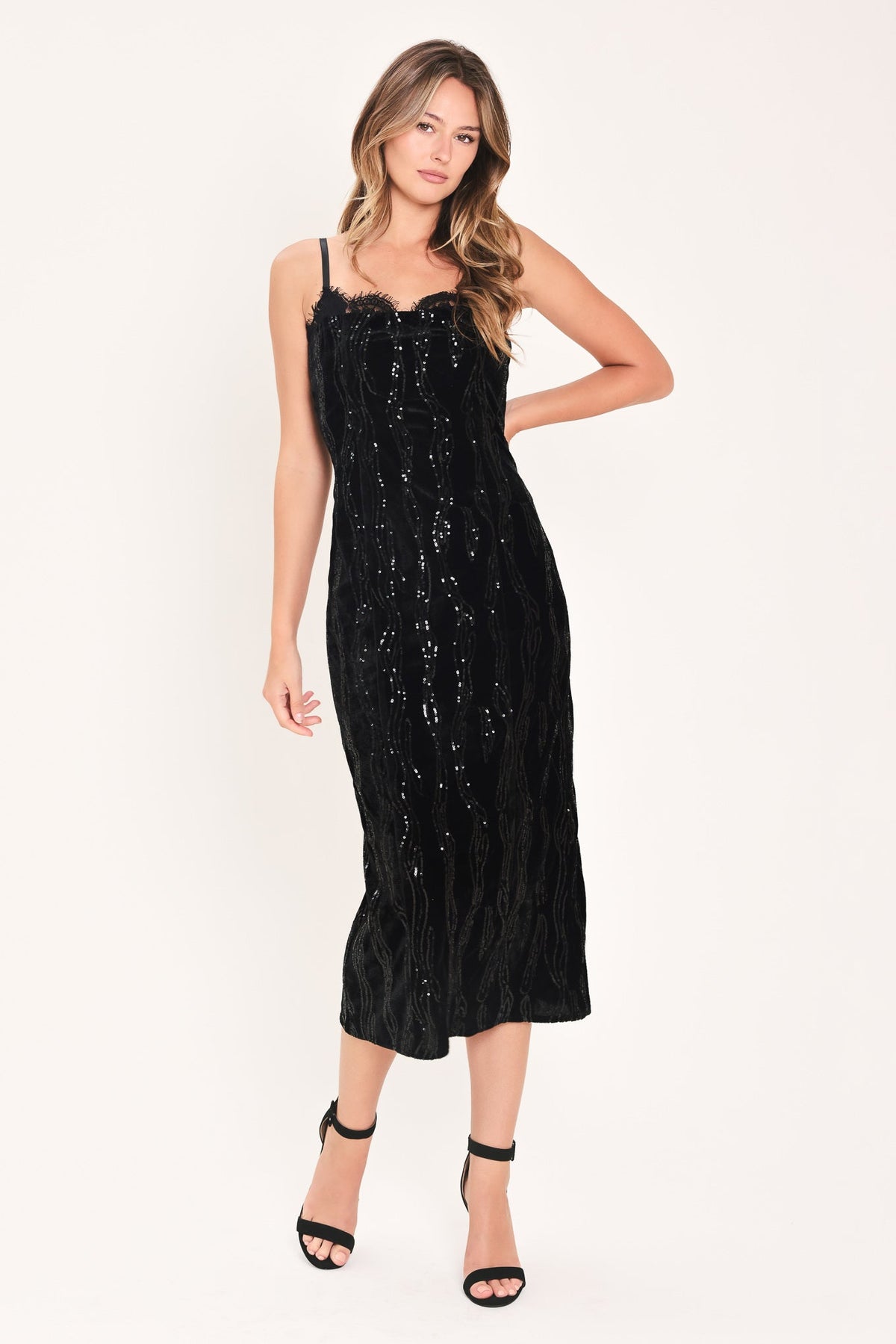 Black Sequin Sweetheart Neckline Midi Dress with Fitted Silhouette