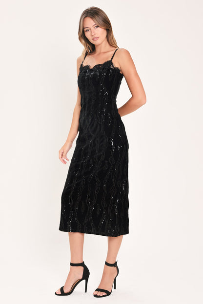 Black Sequin Sweetheart Neckline Midi Dress with Fitted Silhouette