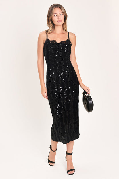 Black Sequin Sweetheart Neckline Midi Dress with Fitted Silhouette