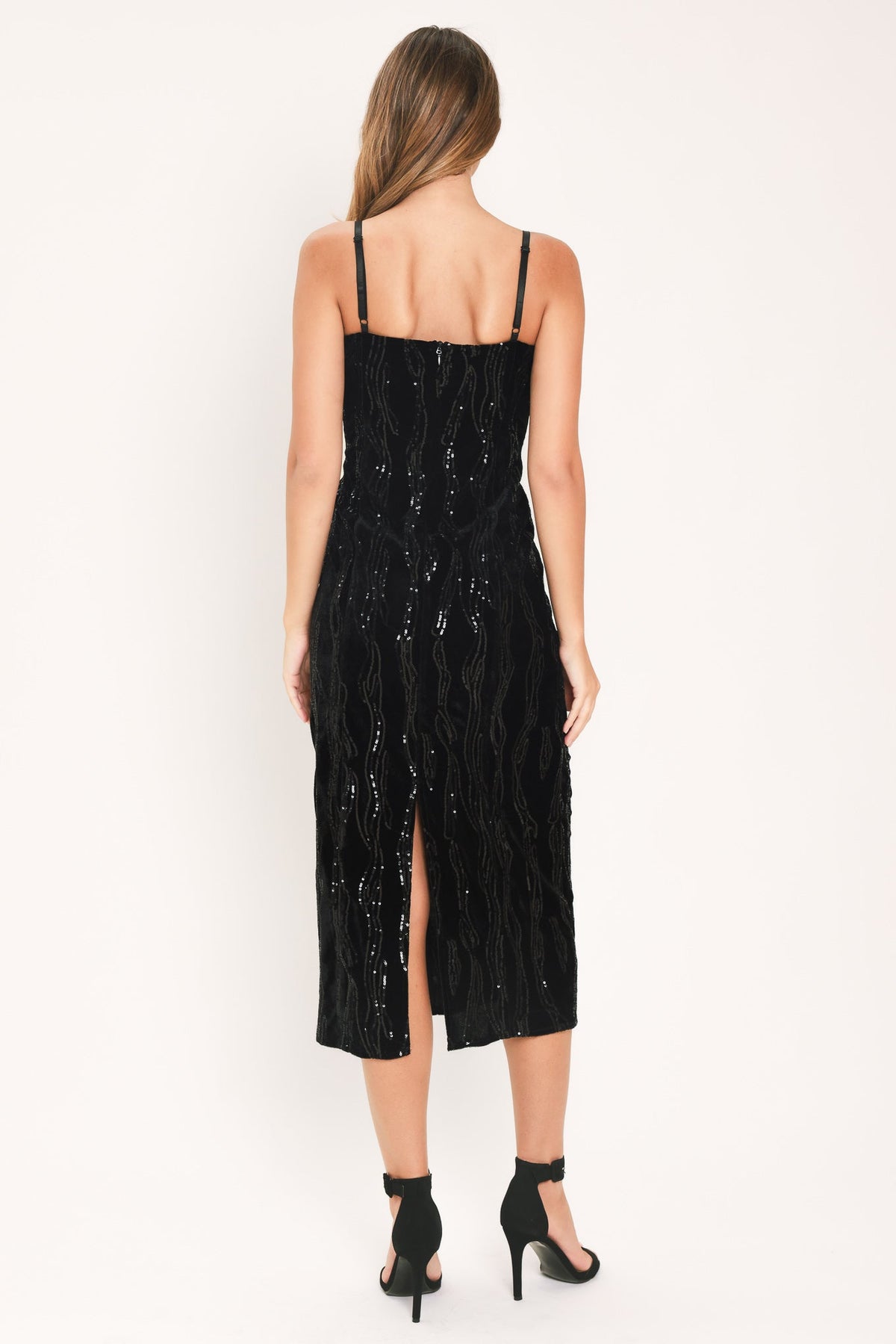 Black Sequin Sweetheart Neckline Midi Dress with Fitted Silhouette