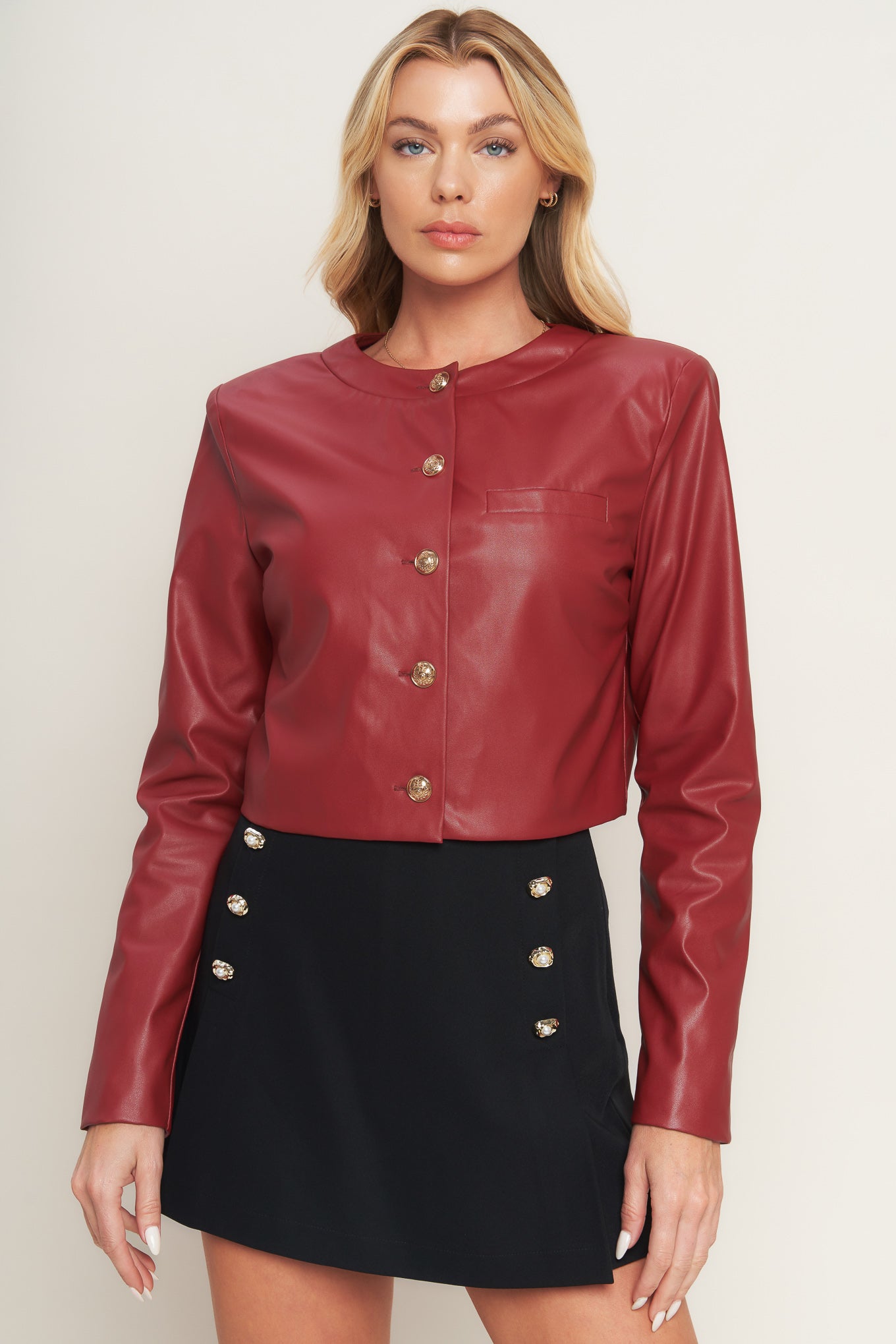 Red Button Up Faux Leather Jacket with Button Details | Trendy Jackets Outfit Idea for Women by Ro + Ivy | Elevated Basics, Modern Comfort & Style
