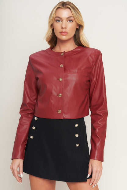 Red Button Up Faux Leather Jacket with Button Details | Trendy Jackets Outfit Idea for Women by Ro + Ivy | Elevated Basics, Modern Comfort & Style