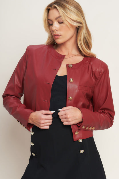 Red Button Up Faux Leather Jacket with Button Details | Trendy Jackets Outfit Idea for Women by Ro + Ivy | Elevated Basics, Modern Comfort & Style