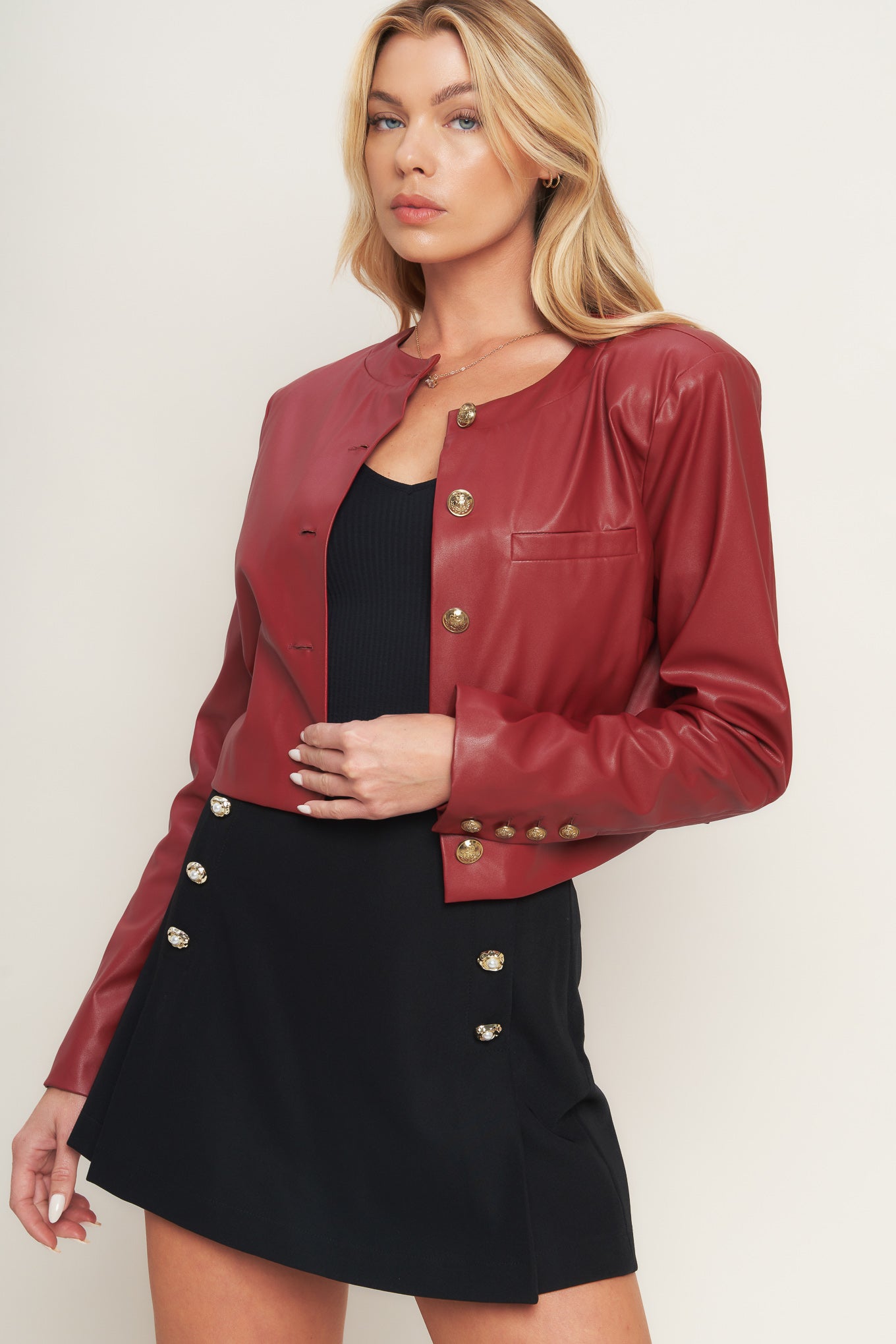 Red Button Up Faux Leather Jacket with Button Details | Trendy Jackets Outfit Idea for Women by Ro + Ivy | Elevated Basics, Modern Comfort & Style
