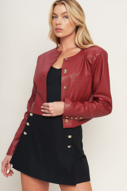 Red Button Up Faux Leather Jacket with Button Details | Trendy Jackets Outfit Idea for Women by Ro + Ivy | Elevated Basics, Modern Comfort & Style