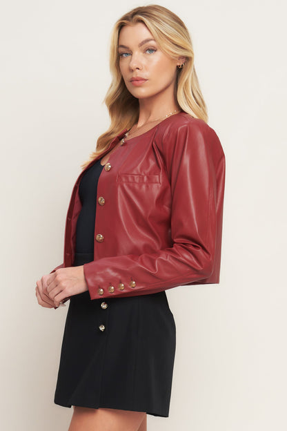 Red Button Up Faux Leather Jacket with Button Details | Trendy Jackets Outfit Idea for Women by Ro + Ivy | Elevated Basics, Modern Comfort & Style